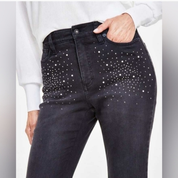 INC INTERNATIONAL CONCEPTS black High Rise Rhinestone Studded Flare Jeans size 2 - Picture 6 of 7